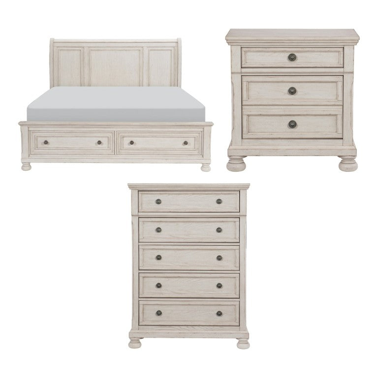 English Elm California King Bedroom Set Ash Veneer Wire Brushed Antique White with Bun Feet B011S06269