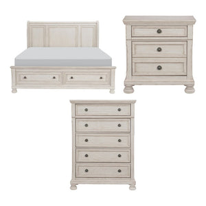 English Elm California King Bedroom Set Ash Veneer Wire Brushed Antique White with Bun Feet B011S06269