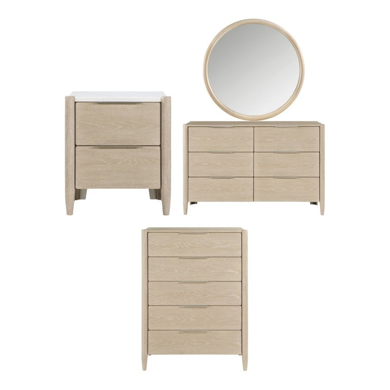English Elm Night Stand Dresser Mirror and Chest Bedroom Set with Oak Ceruse Marble Tops B011S06282