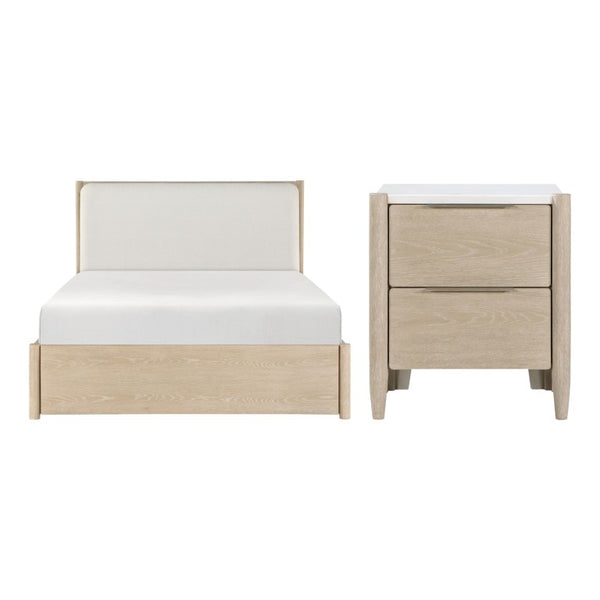 English Elm California King Bedroom Set Oak Veneer Upholstered Headboard Marble Nightstands B011S06287