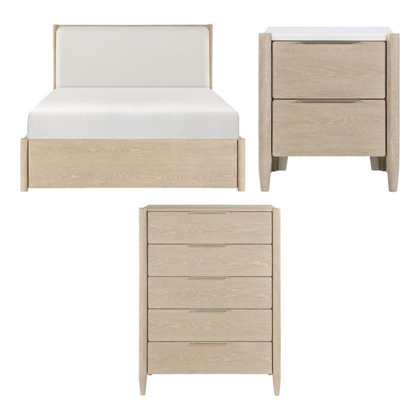 English Elm California King Bedroom Set Oak Veneer Padded Headboard USB Charging Marble Nightstand B011S06288