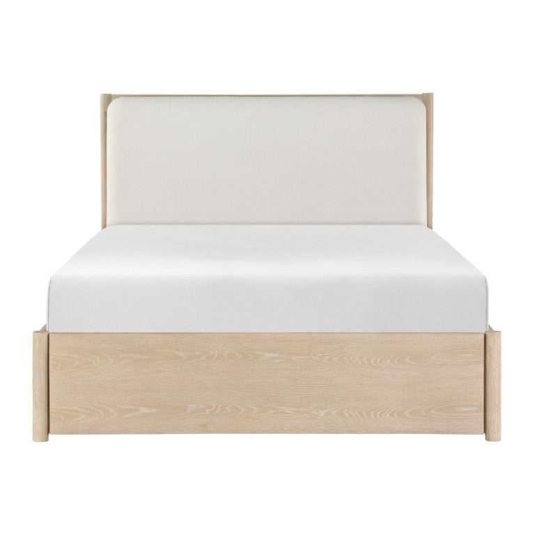 English Elm Queen Bedroom Set Oak Veneer Upholstered Headboard Marble Nightstands Charging Ports B011S06290