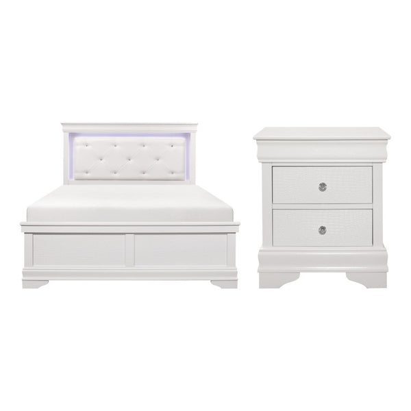 English Elm Eastern King Glam Bedroom Set Crystal Tufted LED Headboard Alligator Embossed White B011S06295