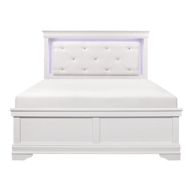 English Elm Eastern King Glam Bedroom Set Crystal Tufted LED Headboard Alligator Embossed White B011S06295
