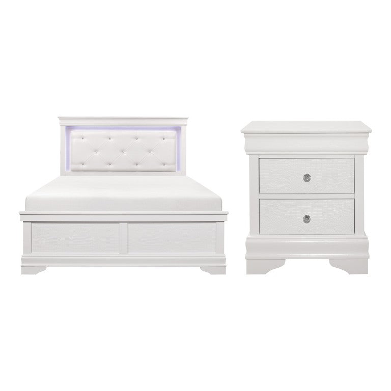 English Elm Queen Bedroom Set Hollywood Regency White Lacquer LED Tufted Headboard Nightstands B011S06298