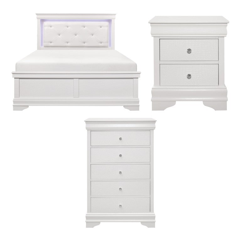 English Elm Queen Glam Bedroom Set with LED Headboard Tufted Upholstery and Crystal Hardware B011S06299