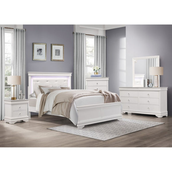 English Elm Full Glam Bedroom Set with LED Headboard Crystal Knobs and Embossed White Lacquer Finish B011S06302