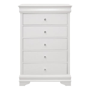 English Elm Full Glam Bedroom Set with LED Headboard Crystal Knobs and Embossed White Lacquer Finish B011S06302