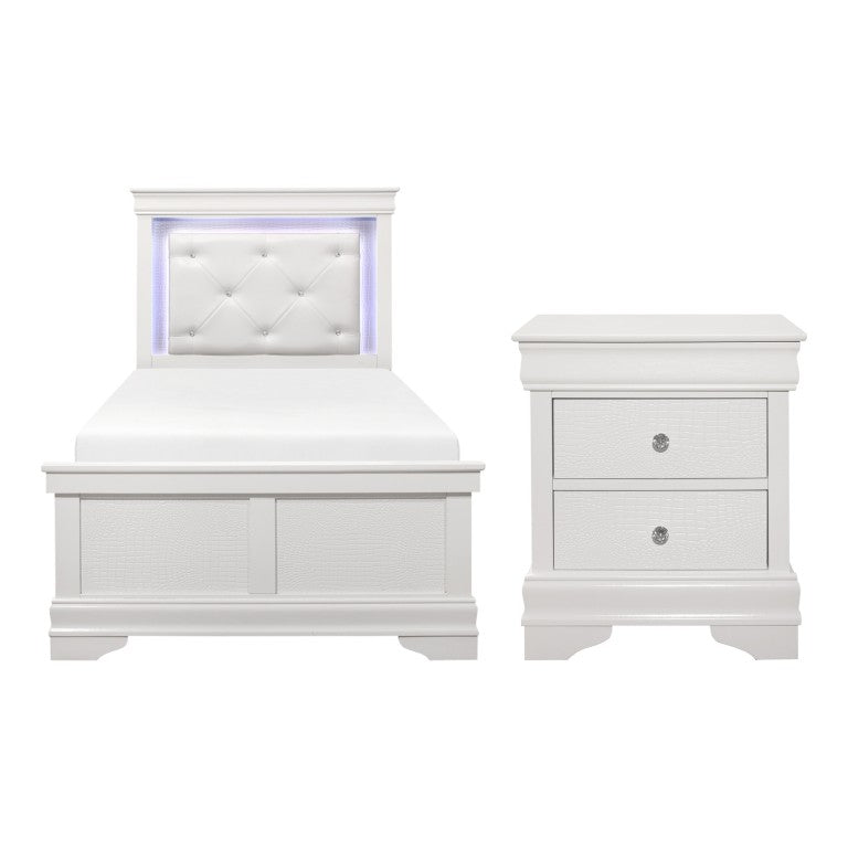 English Elm Twin Bed and Nightstand Set White Crystal Tufted Headboard with LED Ambient Glow B011S06303
