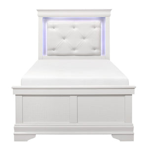 English Elm Twin Bed and Nightstand Set White Crystal Tufted Headboard with LED Ambient Glow B011S06303