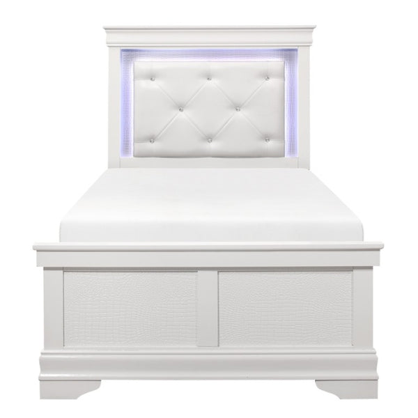 English Elm Twin Bed and Nightstand Set White Crystal Tufted Headboard with LED Ambient Glow B011S06303