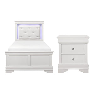 English Elm Twin Bed Set with LED Headboard Faux Leather Tufting and Alligator Embossed White Panels B011S06304