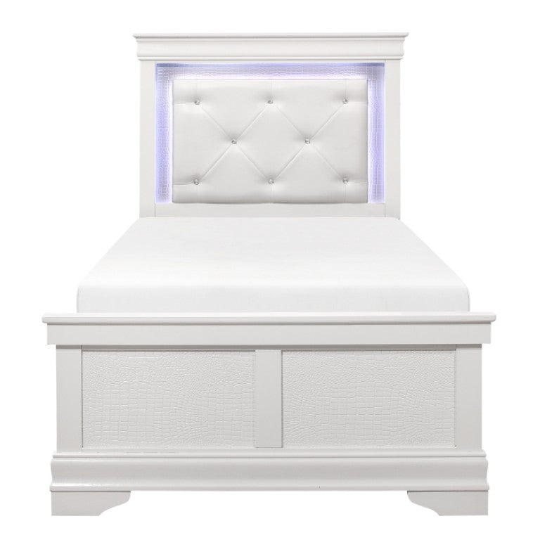 English Elm Twin Bed Set with LED Headboard Faux Leather Tufting and Alligator Embossed White Panels B011S06304