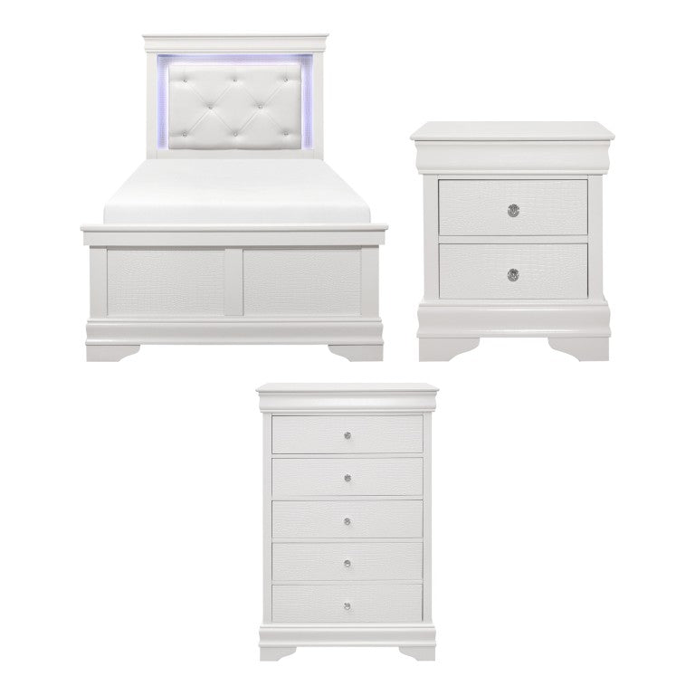 English Elm Twin Glam Bedroom Set with LED Headboard Crystal Knobs and Embossed Drawer Fronts B011S06305