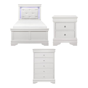 English Elm Twin Glam Bedroom Set with LED Headboard Crystal Knobs and Embossed Drawer Fronts B011S06305