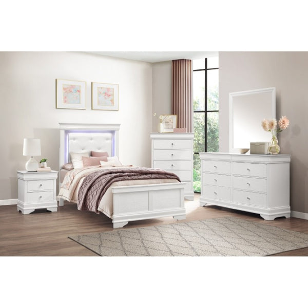 English Elm Twin Glam Bedroom Set with LED Headboard Crystal Knobs and Embossed Drawer Fronts B011S06305
