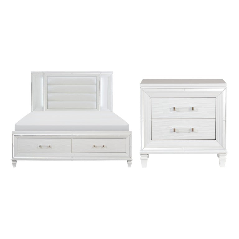 English Elm Eastern King Bedroom Set with LED Headboard Mirrored Trim and Footboard Storage B011S06319