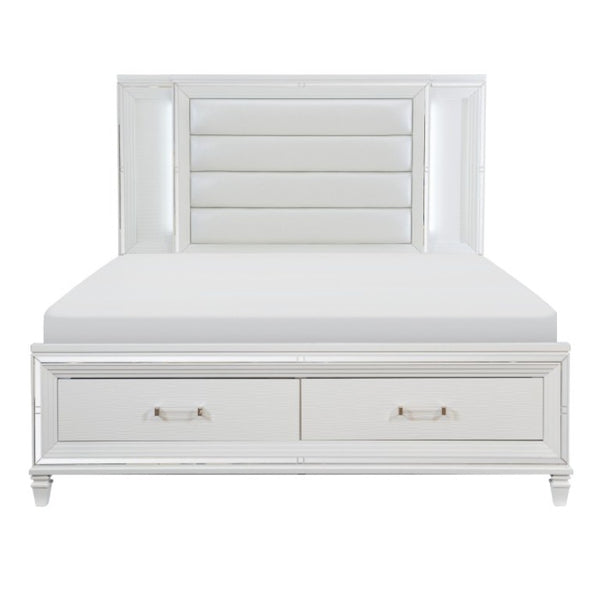 English Elm California King Glam Bedroom Set with LED Headboard Mirrored Trim Storage Footboard B011S06323