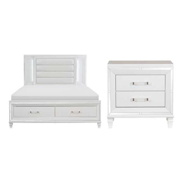 English Elm Queen Bedroom Set with LED Lighting Mirrored Trim Faux Leather Headboard Glam Style B011S06326