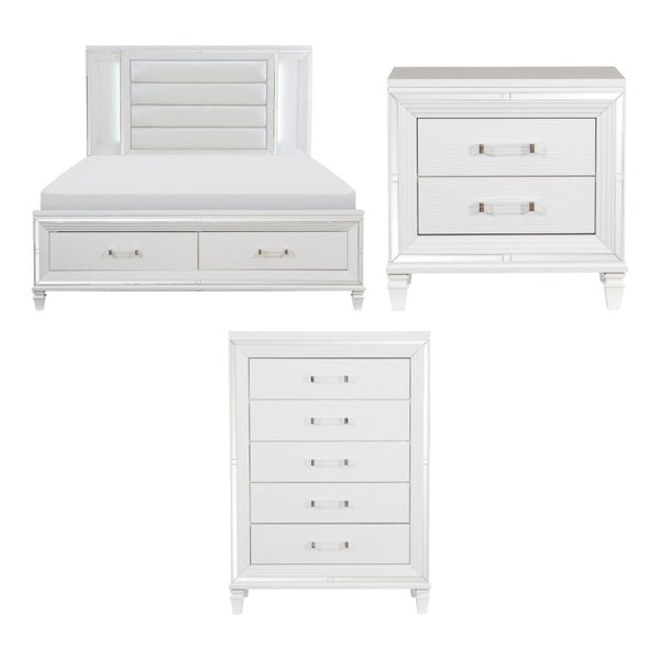 English Elm Queen Bedroom Set with LED Headboard Mirrored Trim and Faux Leather Glam Panels B011S06327
