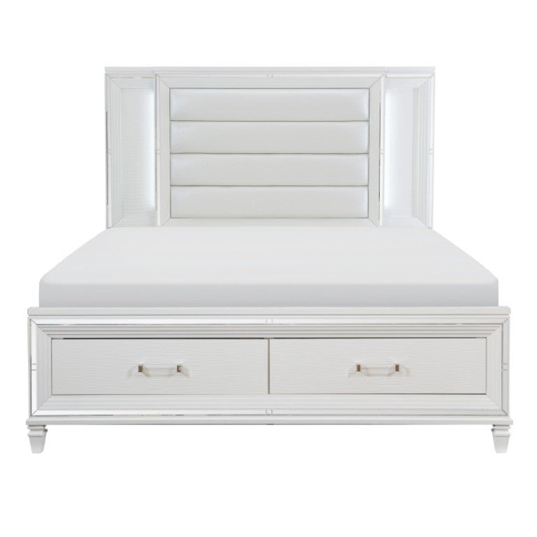 English Elm Queen Bedroom Set with LED Headboard Mirrored Trim and Faux Leather Glam Panels B011S06327