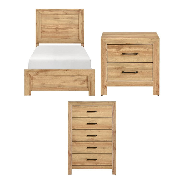 English Elm Twin Bedroom Set with Nightstand and Five Drawer Chest in Natural Rustic Finish B011S06340