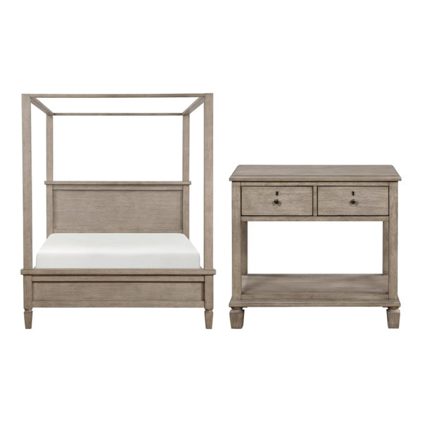 English Elm Eastern King Canopy Bed Set Oak Veneer Gray Finish Transitional Bedroom Collection B011S06357
