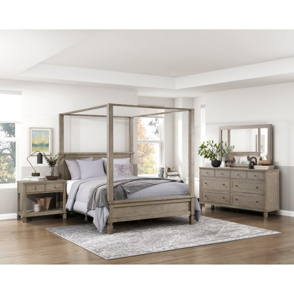 English Elm Eastern King Canopy Bed Set Oak Veneer Gray Finish Transitional Bedroom Collection B011S06357