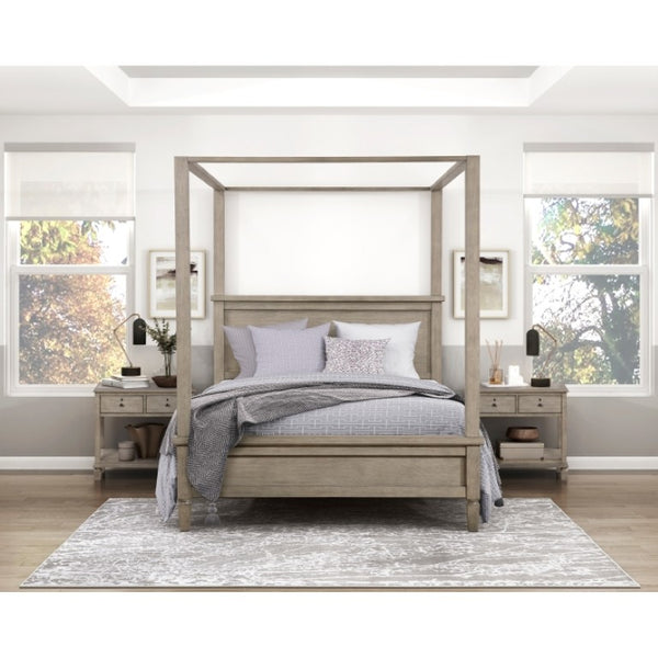 English Elm Eastern King Canopy Bed Set Oak Veneer Gray Finish Transitional Bedroom Collection B011S06357