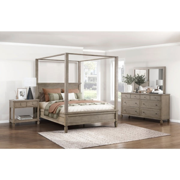 English Elm Eastern King Canopy Bed Set Oak Veneer Gray Finish Transitional Bedroom Collection B011S06357