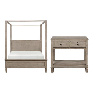 English Elm Queen Canopy Bedroom Set with Two Nightstands in Gray Oak Veneer Transitional Style B011S06363