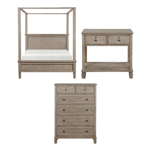 English Elm Queen Canopy Bedroom Set with Nightstand and Chest in Gray Oak Veneer Finish B011S06364