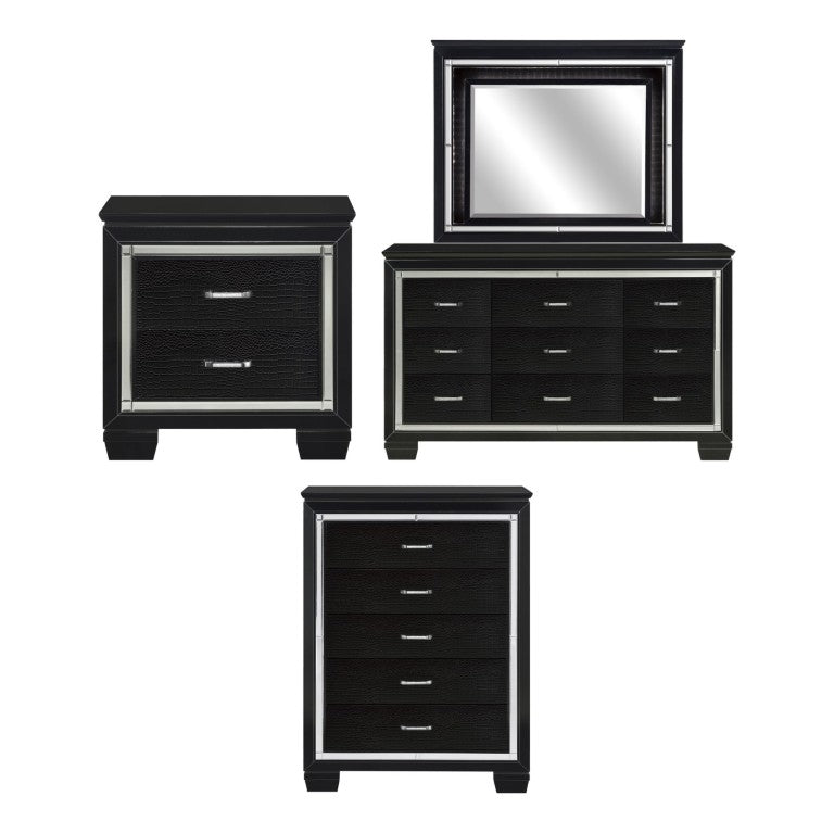 English Elm Night Stand Dresser Mirror and Chest Glam Bedroom Set with LED Lighting Black B011S06366
