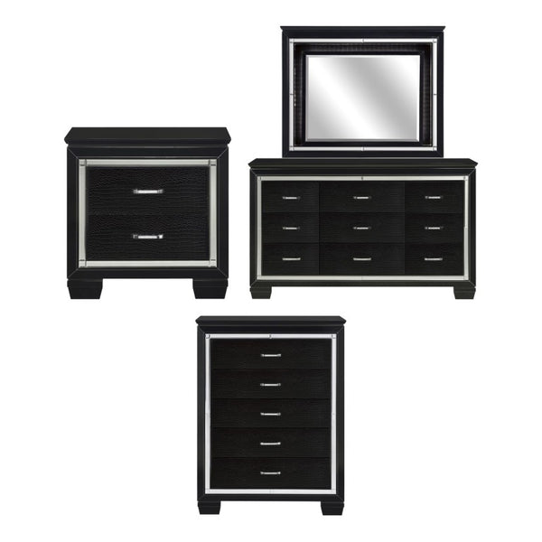 English Elm Night Stand Dresser Mirror and Chest Glam Bedroom Set with LED Lighting Black B011S06366