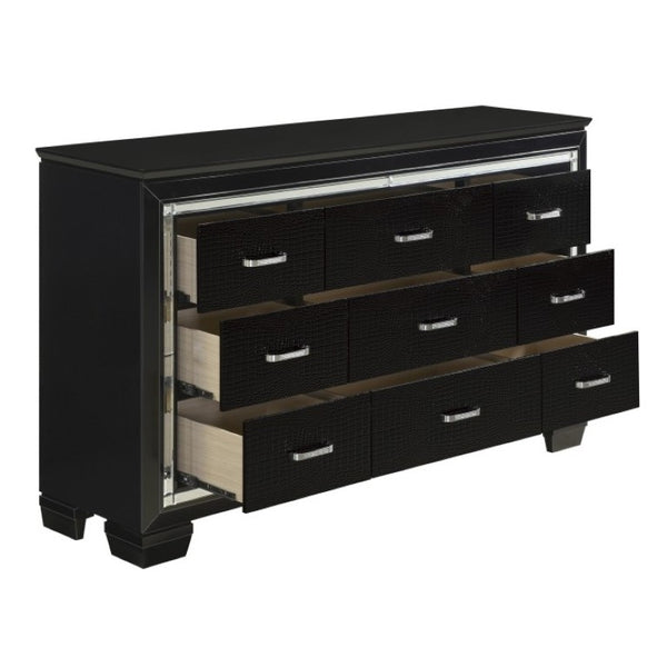 English Elm Night Stand Dresser Mirror and Chest Glam Bedroom Set with LED Lighting Black B011S06366