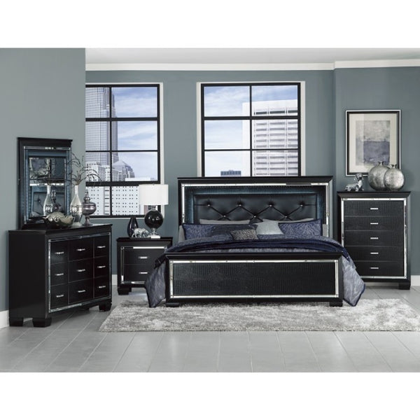 English Elm California King Glamour Bedroom Set with LED Lighting Mirror Trim and Tufted Panels B011S06368