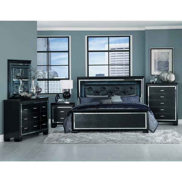 English Elm California King Glamour Bedroom Set with LED Lighting Mirror Trim and Tufted Panels B011S06368