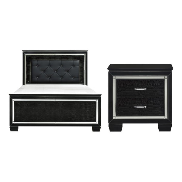 English Elm Queen Bedroom Set with LED Headboard Mirrored Trim and Tufted Faux Leather Panels B011S06370