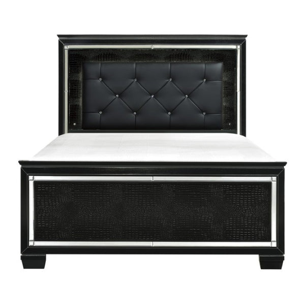 English Elm Queen Bedroom Set with LED Headboard Mirrored Trim and Tufted Faux Leather Panels B011S06370