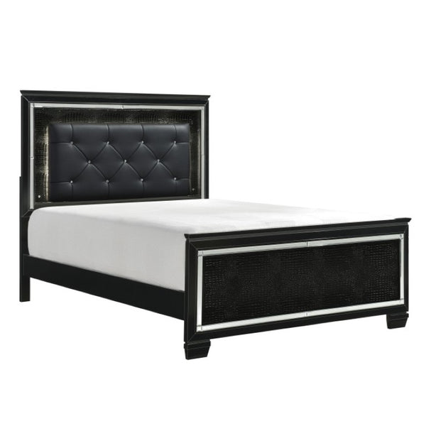 English Elm Queen Bedroom Set with LED Headboard Mirrored Trim and Tufted Faux Leather Panels B011S06370