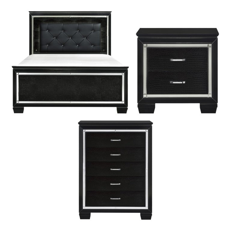 English Elm Queen Bedroom Set with LED Headboard Mirror Trim and Faux Alligator Glam Panels B011S06372