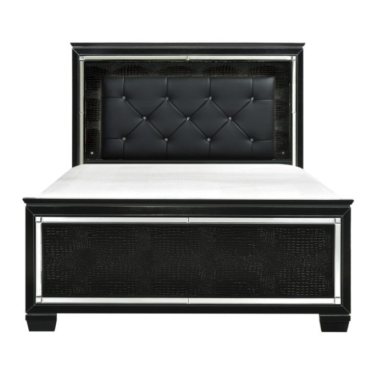English Elm Full Bed Nightstand Set with LED Headboard Mirror Panels and Crystal Tufted Faux Leather B011S06374