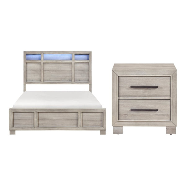 English Elm Queen Bed Set with LED Headboard Bluetooth Speaker USB Ports and Nightstand B011S06384
