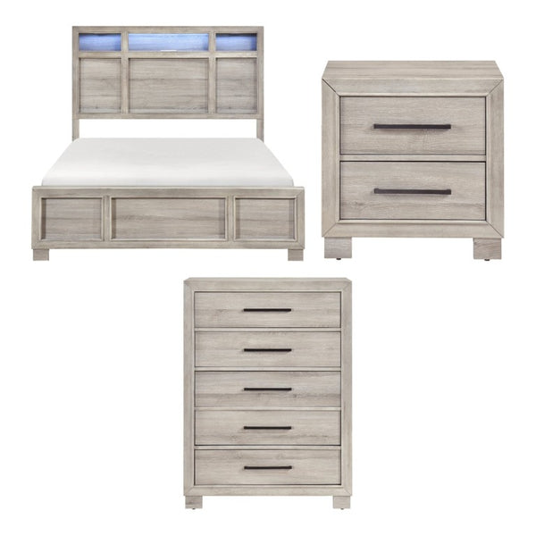 English Elm Queen Bedroom Set with LED Headboard Bluetooth Speaker and Five Drawer Chest Gray B011S06386
