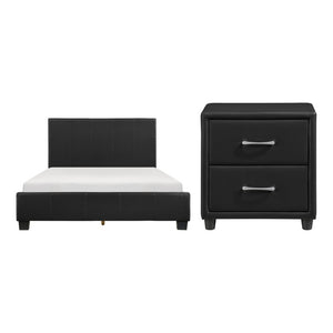 English Elm Queen Bedroom Set Faux Leather Upholstered Bed with Nightstands in Sleek Urban Black B011S06396
