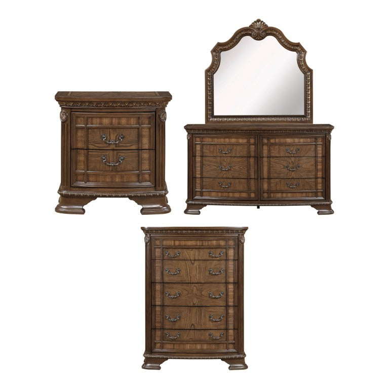 English Elm Night Stand Dresser Mirror and Chest 5 Piece Traditional Bedroom Set Dark Brown Wood B011S06405