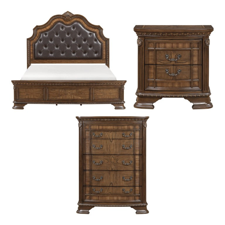 English Elm California King Sleigh Bed Set with Hand-Carved Zebra Wood Veneer and Tufted Headboard B011S06411