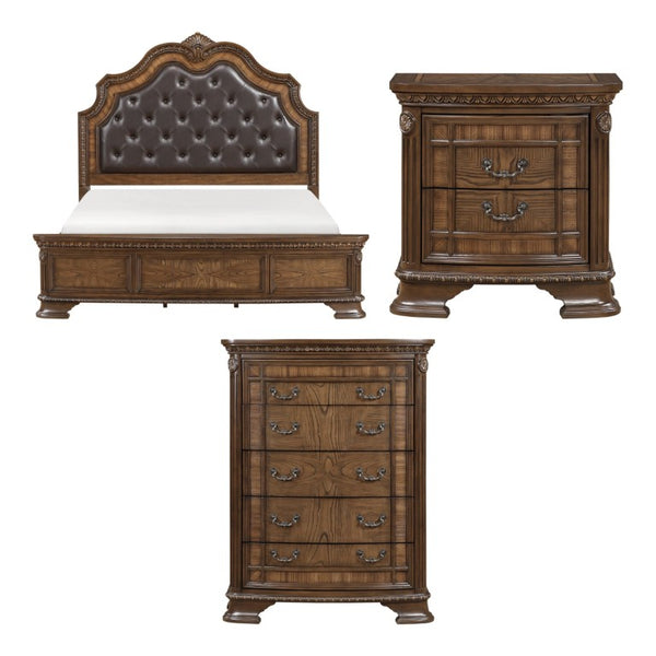 English Elm California King Sleigh Bed Set with Hand-Carved Zebra Wood Veneer and Tufted Headboard B011S06411