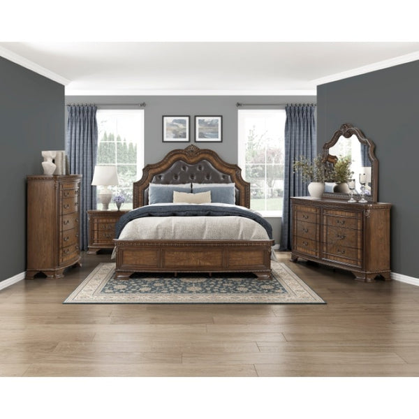 English Elm Queen Sleigh Bed Set Tufted Faux Leather Headboard Carved Wood Dark Brown Finish B011S06412