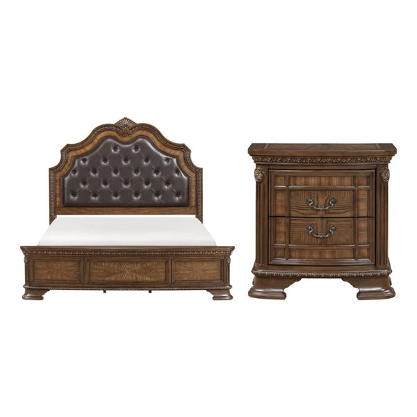 English Elm Queen Sleigh Bed Set with Hand-Carved Tufted Headboard and Ornate Dark Brown Finish B011S06413